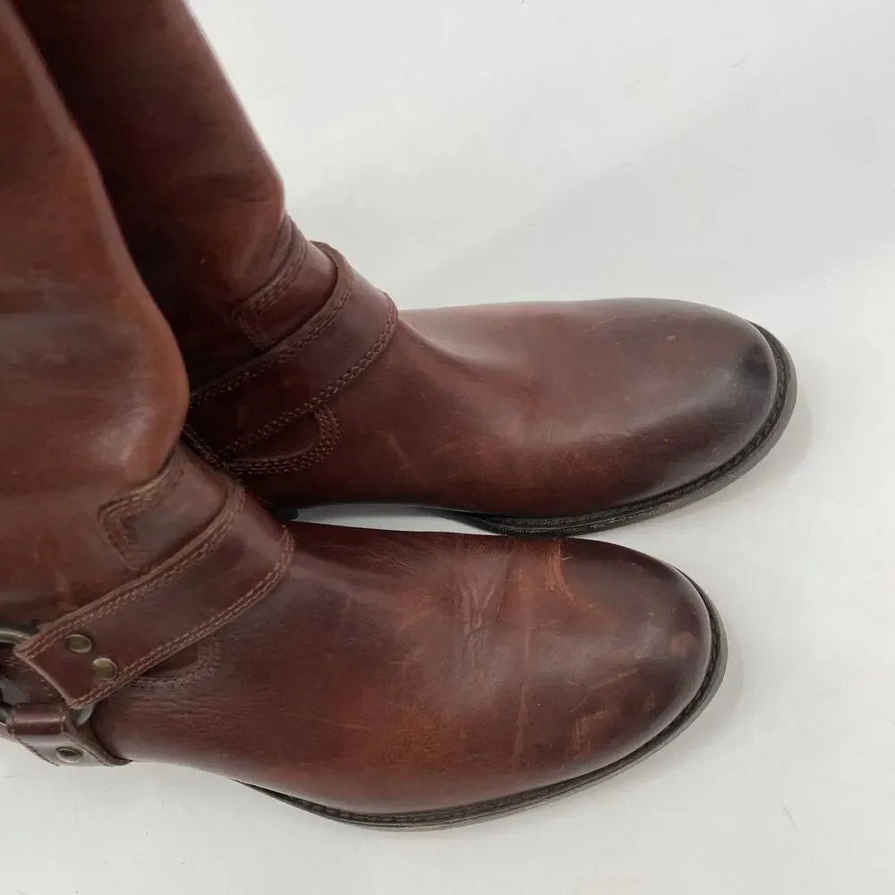 Frye brown leather tall buckle riding boots